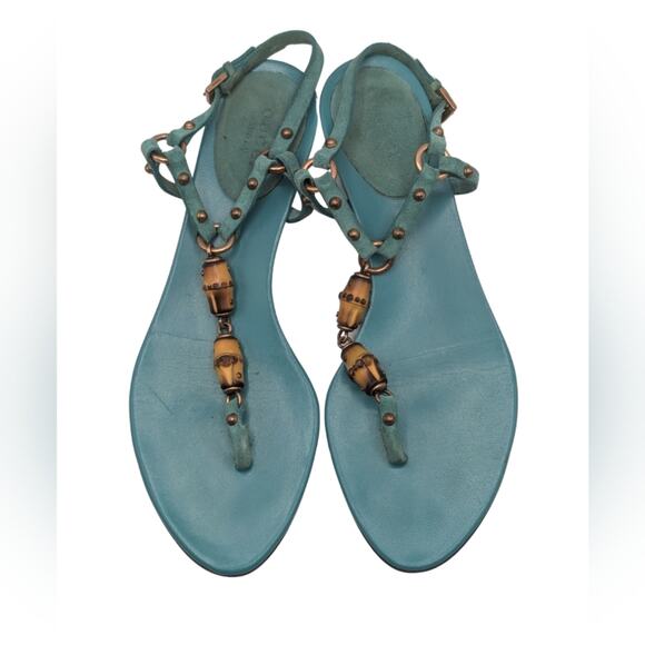Gucci Turquoise Suede Bamboo Sandals Size 6.5 - Picture 2 of 4